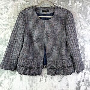 Nine West Women Jewel Neck Tweed Blazer sz16 Ruffle Fringe Night Sky Multicolor